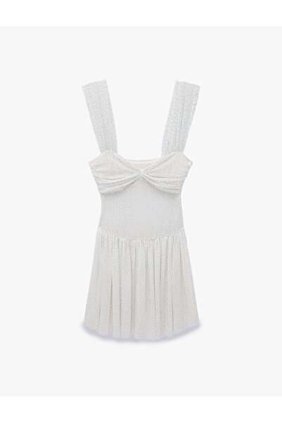 Koton Drapeli Büzgülü Kalp Yaka Volanlı Kolsuz Slim Fit Mini Taşlı Bridal Elbise
