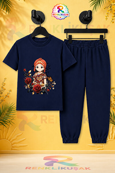 RENKLİKUŞAK Unisex Çocuk Jyn Anime Girl Baskılı Bisiklet Yaka Tişört Şort Takım