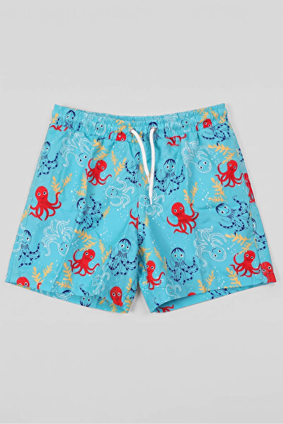 MARKAPIA Boy's Octopus Patterned Mesh Turquoise Swim Shorts
