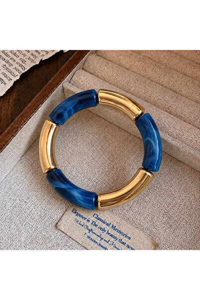 synshop Navy Blue Bone Marble Patterned Gold Color Geometric Segmented Bohemi...