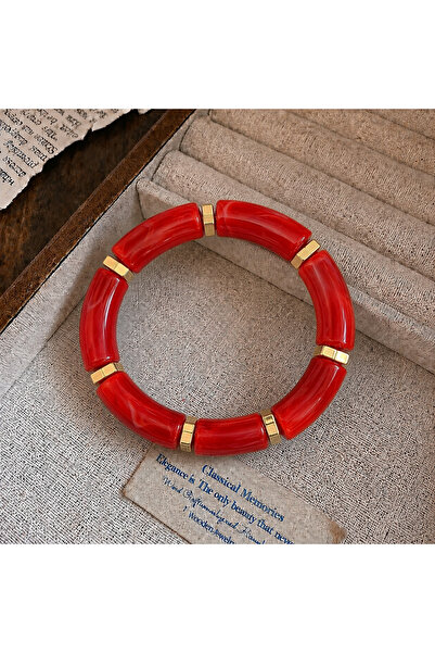 synshop Red Bone Marble Patterned Gold Spacer Bohemian Vintage Thick Elastic ...