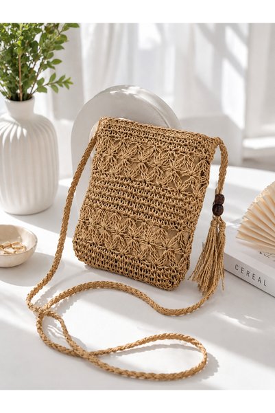 edirneörgü Edirne Knitted Motif Paper String Cross Strap Women's Bag – Bohemian Daily Shoulder Bag