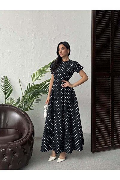 Moda Days Women's Black - Black Polka Dot Maxi Length Belted Balloon Sleeve R...
