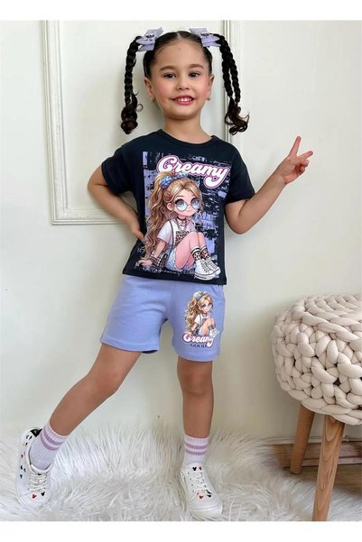 LUFFY KİDS Printed Girls' T-Shirt and Shorts Set - 1025