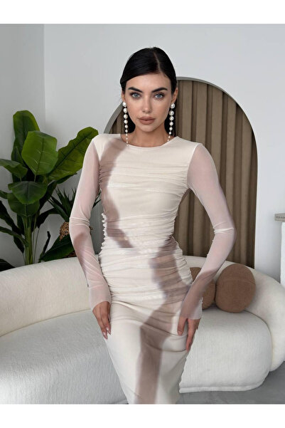 Moda Days Women's Beige Patterned Tulle Detailed Gathered Long Sleeve Midi Pe...