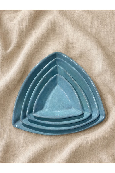 Ranowa Ceramic Ocean Triangle Yapımı Stoneware Üçgen Tabak Seti 4’lü – Mavi S...