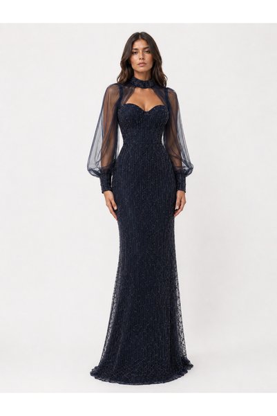 Pozdapoz Can Çapar Women's Navy Blue Stone Embroidered Tulle Balloon Sleeve Halter Neck Long Evening Dress