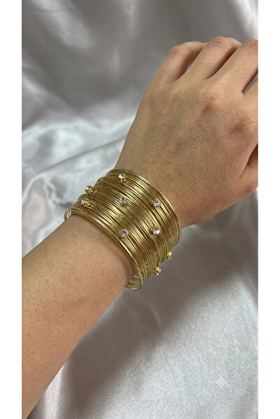 Bymiel Gold Color Multi-Row Stone Detailed Handcuff Bracelet