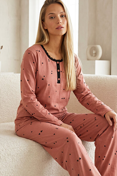 Siyah İnci Dark Salmon Patterned Buttoned Cotton Lycra Knitted Pajama Set2624...