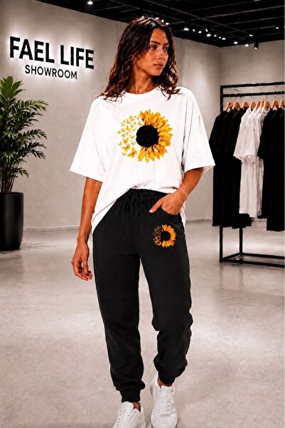 FAEL LİFE Unisex Wide Cut T-Shirt and Sweatpants Moonflower Printed Set