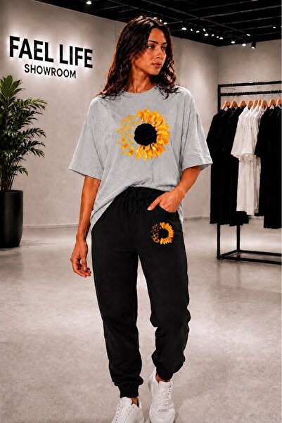 FAEL LİFE Unisex Wide Cut T-Shirt and Sweatpants Moonflower Printed Set