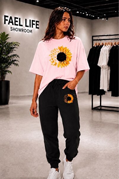 FAEL LİFE Unisex Wide Cut T-Shirt and Sweatpants Moonflower Printed Set