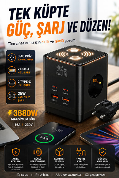 Merwish Akım Korumalı Küp Priz 3680W 16A 230V, 3 Topraklamalı AC Priz, 2 USB-A, 2 Type-C 25W Hızlı Şarj, 1 Metre Kablolu Çoklu Priz