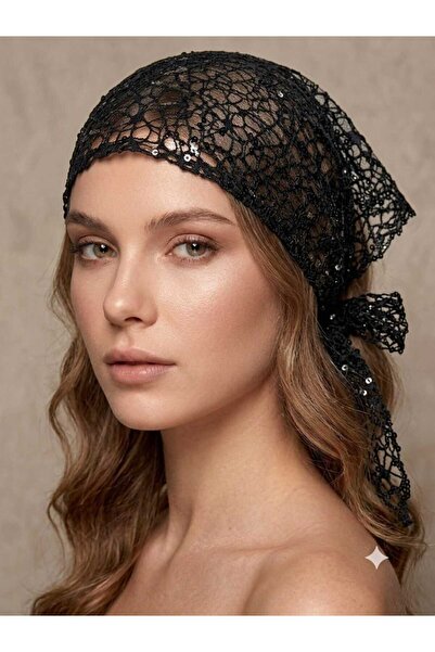 MODA SİYAH PULLU FİLE ÜÇGEN BANDANA- FULAR-BEL AKSESUARI