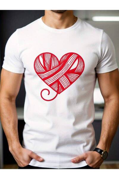 21JNRY Men's White Crew Neck T-Shirt With Red Heart Fabric, Soft Breathable, ...