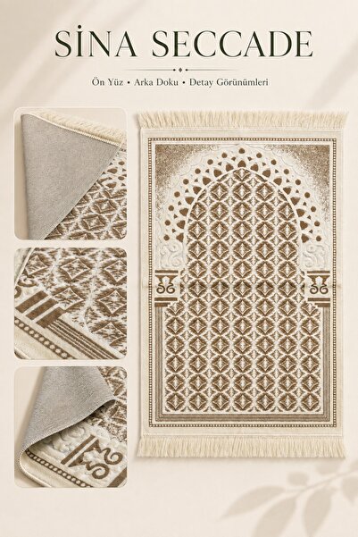 İlkbenaldim Brown Sina Prayer Mat Lined with Velvet, Soft Textured, Hajj Umra...