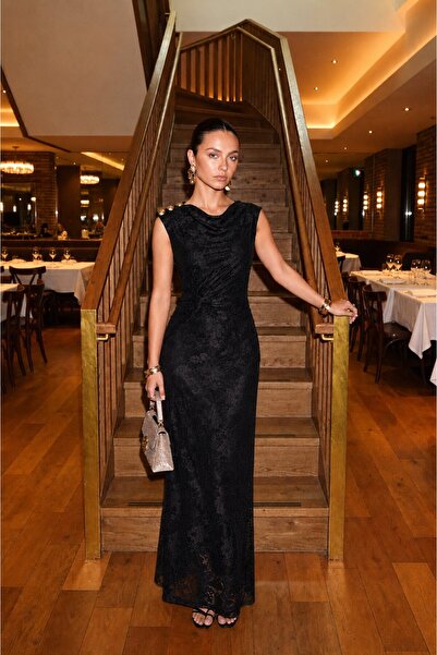 Swass Evie Asymmetrical Collar Waist Draped Lace Dress