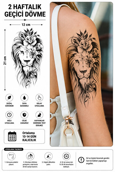 medink tattoo Gerçekçi Aslan ve çiçek Model Geçici Kol Bacak Geçici Sticker Y...