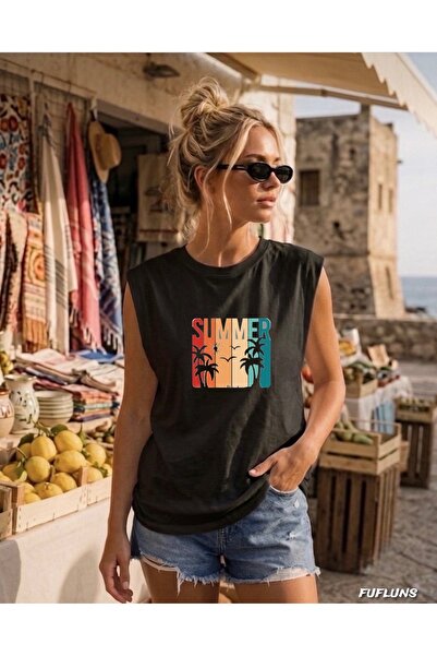 FUFLUNS Summer Palm Printed Women's Regular Fit Crew Neck Sports Sleeveless T...