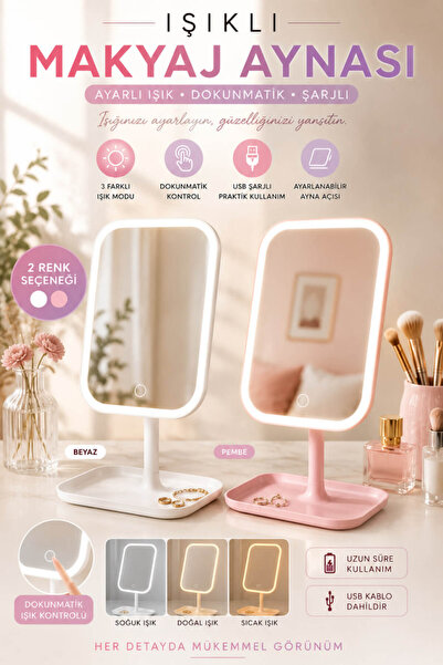 Anadolu Saray Kare Pembe veya Beyaz LED Işıklı USB Şarjlı Dokunmatik Masaüstü...