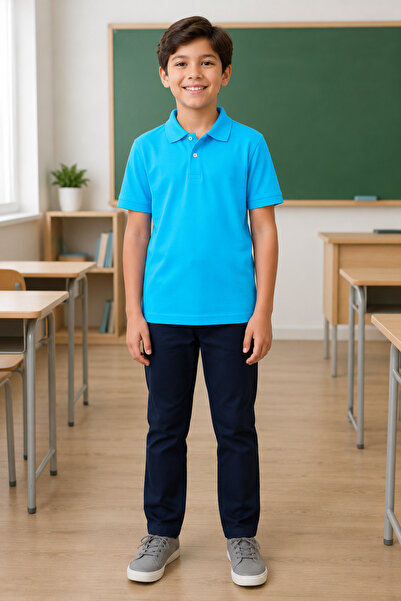 QKK Children's Unisex Turquoise Short Sleeve Polo Collar School T-Shirt 100% ...