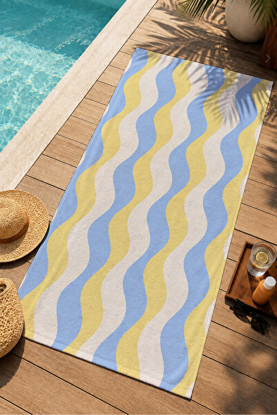 Evmila Pastel Yellow Blue Wavy Vertical Striped Patterned 70X150 Beach Towel ...