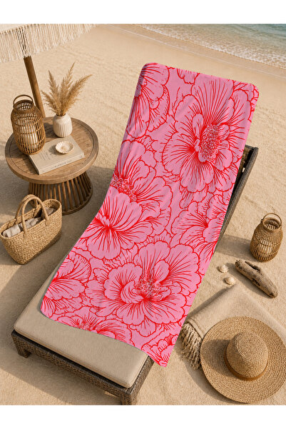 Evmila Prosop de plajă modern, roz coral, cu model floral liniar, 70x150 - Pr...