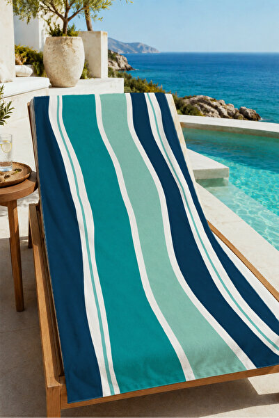 Evmila Modern Navy Blue Turquoise Wavy Striped Patterned 70X150 Beach Towel -...