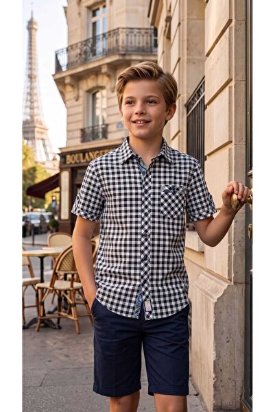 Louis Fabel Modelli Checkered Trend Cotton-Linen Blend Short Sleeve Children'...