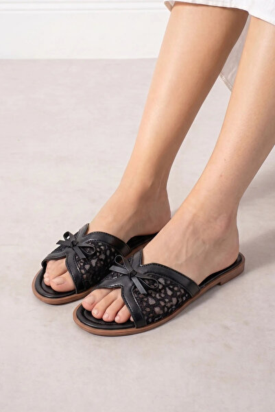FUGA MODA Blando Black Tulle Embroidered Floral Patterned Women's Slippers wi...