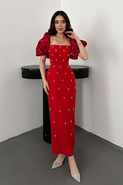 Clothes Fast Women's Red Dress Midi Square Neck Balloon Sleeves Beaded Embroi...