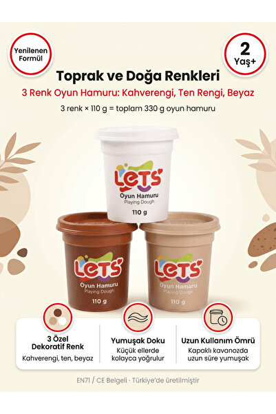 Lets Oyun Hamuru Seti 3'lü – Toprak ve Doğa Renkleri Let's