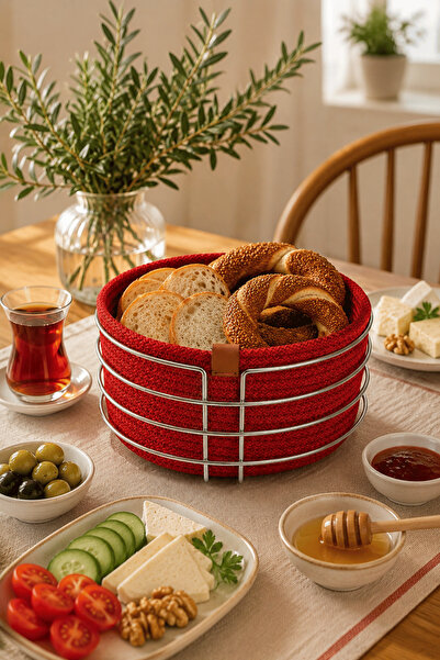 Edora Home Shiny Silver Round Bread Basket, Bread Presentation Basket, Red Ma...