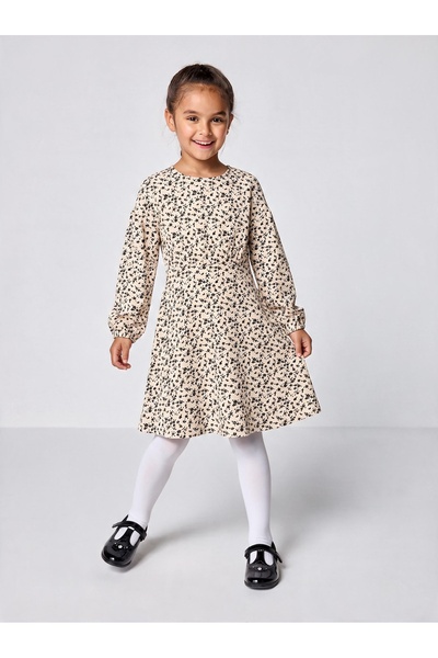 Tinymuyt Girl's Crinkle Waist and Sleeve End Elastic Detailed Floral Dress Beige