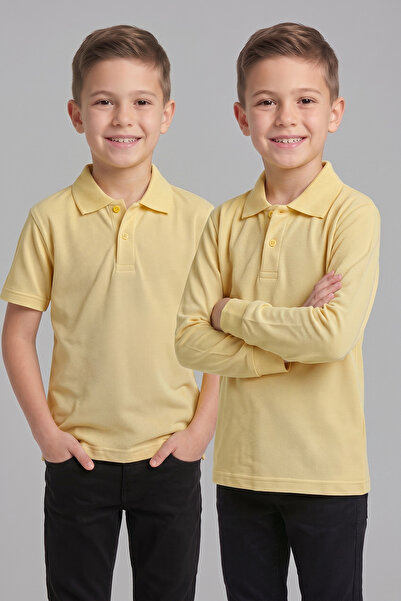 nacar çarşı Children's Light Yellow 2-Piece Polo Collar Short Sleeve and Long...