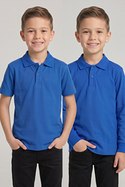 nacar çarşı Children's Saks Blue 2-Piece Polo Collar Short Sleeve and Long Sl...