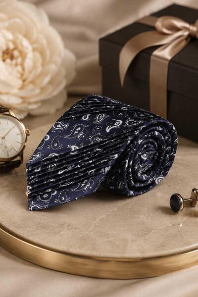 Kravatkolik Navy Blue White Shawl Pattern Italian Silk Pleated Tie Est232