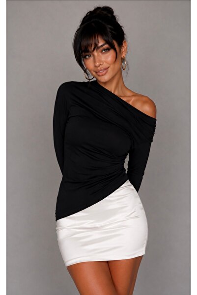Be Best Women's Black Boat Neck Gathered Blouse Be491