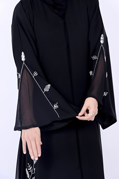 Izzah Bella Embroidered Nida Abaya with Chiffon Cutwork & Silver Bead Handwork