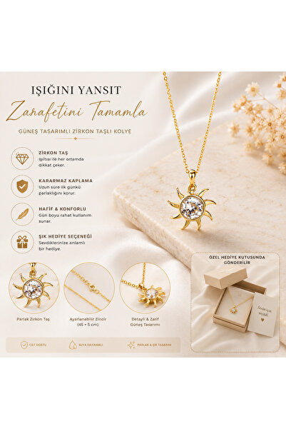 Güneş Figürlü Zirkon Taşlı Gold Kolye – Zarif Kadın Kolye – Şık Takı ve Hediye