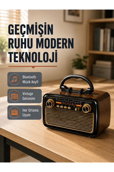 GHN Bluetooth’lu LED Işıklı Nostaljik Müzik Kutusu – Ahşap Dokulu, Vintage Tasarım ve Yüksek Ses Kal