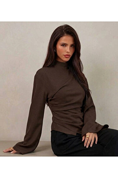 Moda Lounge Stylish Blouse with High Collar and Drape Detail, Spanish Sleeves