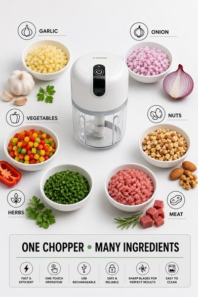 Ummelia Olsenmark Rechargeable Mini Electric Food Chopper 250ml | USB Rechargeable Garlic Chopper | Stainless Steel 3-Blade Mini Food Processor | Vegetable, Meat Cutter | One-Touch Kitchen Chopper| OMC2451