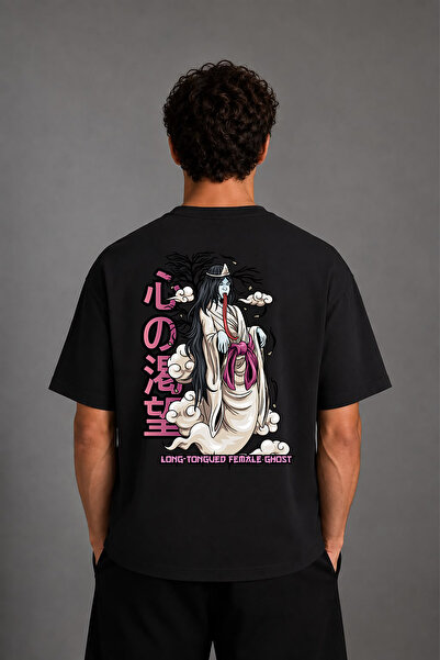VSRN Tricou oversize negru cu imprimeu pe spate Ghost Woman Design