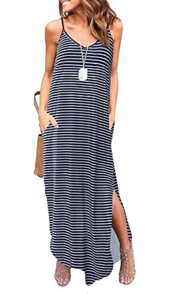 GENERAL HUSKARY Women's Summer Casual Sleeveless V Neck Strappy Split Loose D...