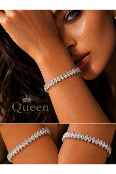QUEEN AKSESUAR Lüks kristal markiz kesim zikron taşlı choker kelepçe bilekliğ...