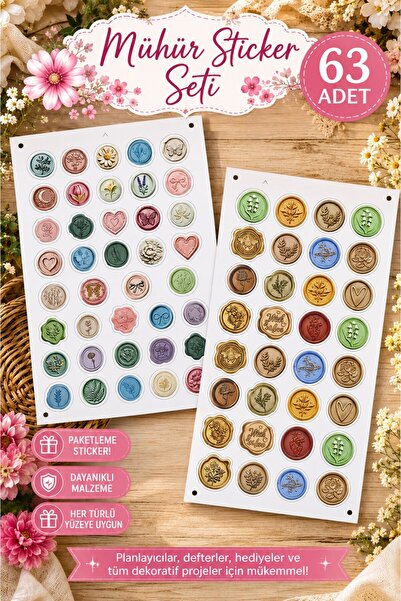 Emtory Gift Mühür Sticker- Paketleme Sticker - Süsleme Sticker 63 Adet - Laptop, Telefon, Defter Etiket
