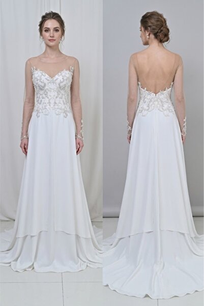 JABO WEDDİNG HOUSE GELİNLİK ŞİFON TAŞ DETAYLI UZUN TANSPARAN KOLLU GELİNLİK