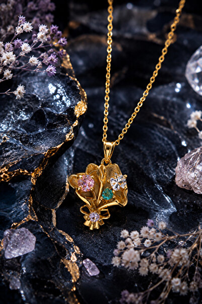 Sylvera Shop Colorful Stone Flower Bouquet Steel Necklace (Gold Color)