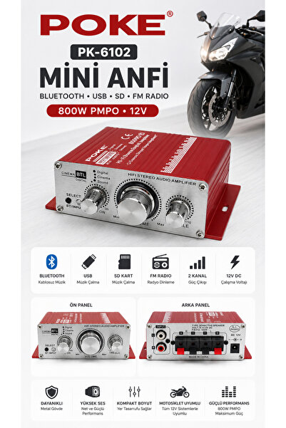 poke audio Motosiklet Anfisi Mini Amfi 800W PMPO 12V Bluetooth USB SD FM Rady...